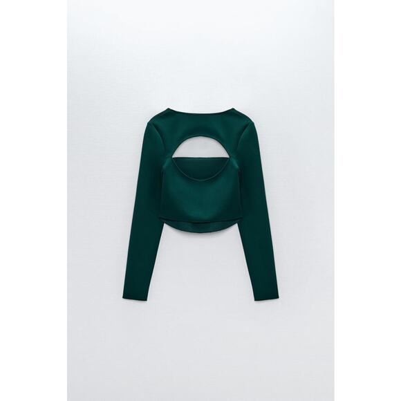 Zara Green Long Sleeve Cutout Back Square Neck Bustier Corset Crop Top Size M - Picture 4 of 8